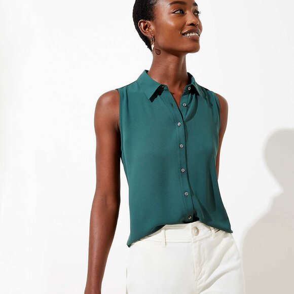 LOFT Mixed Media Sleeveless Collared Button Up Blouse - Petite M - Green - Picture 1 of 9